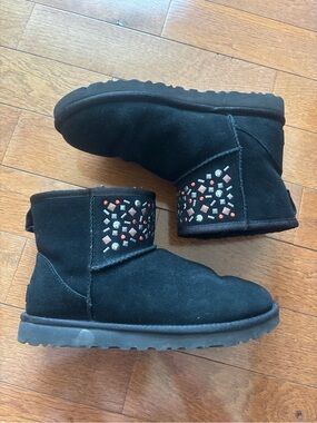 UGG Black Suede Short Booties with Pink Stud Embellishments